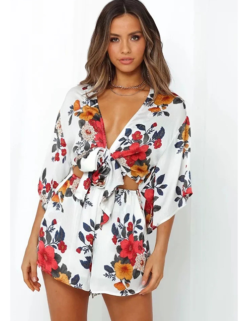 Fashion White Floral Printed Knotted Cutout Jumpsuit