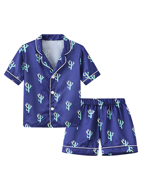 Fashion Blue Dinosaur Printed Single-breasted Childrens Pajamas Short-sleeved Shorts Set