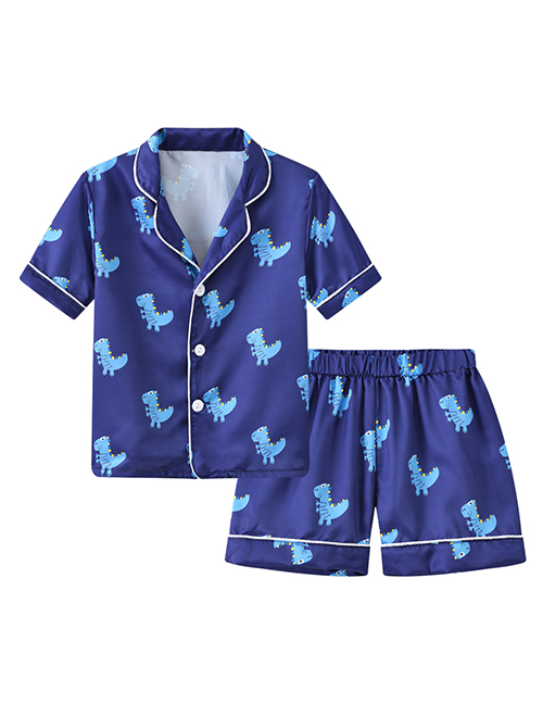 Fashion Blue Cactus Printed Single-breasted Childrens Pajamas Short-sleeved Shorts Set