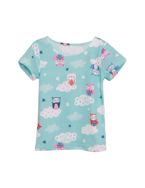 Fashion Blue Owl Childrens Short Sleeve T-shirt With Park Collar Print
