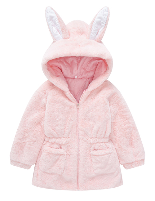 Fashion Pink Bunny Ears Furry Solid Color Hooded Childrens Jacket