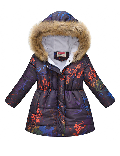 Fashion Navy Blue Large Fur Collar Hooded Printed Mid-length Childrens Jacket