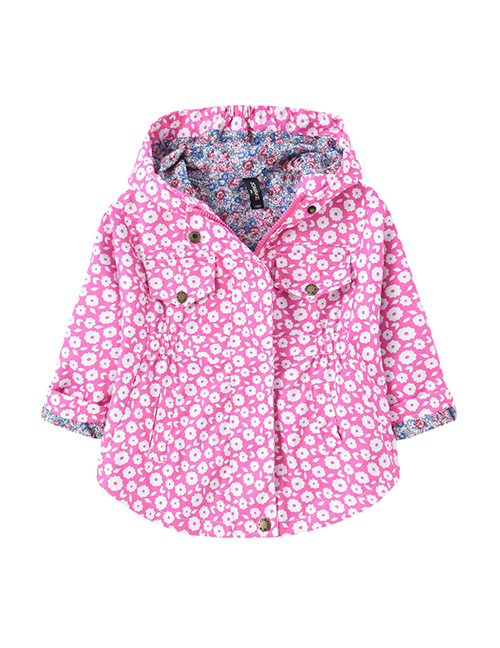 Fashion Rose Red Flower Print Waist Hooded Mid-length Childrens Jacket