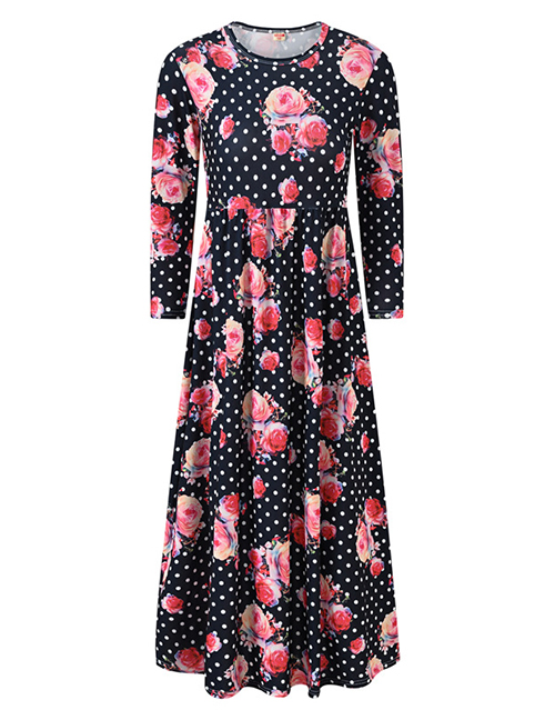 Fashion Black Polka Dot Flower Print Long Sleeve Dress