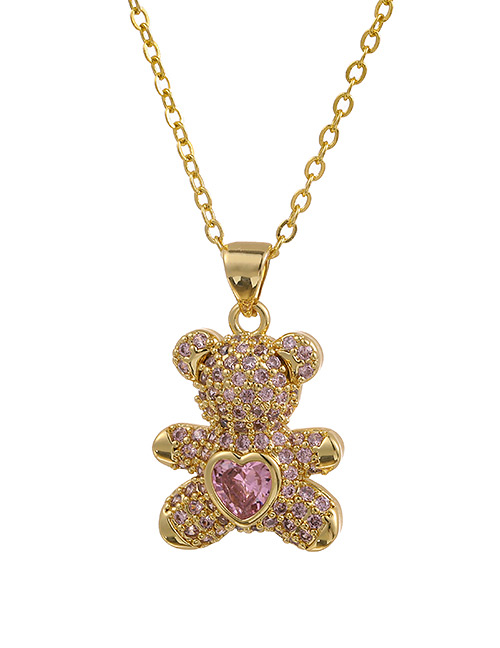 Fashion Pink Copper Inlaid Zircon Bear Necklace