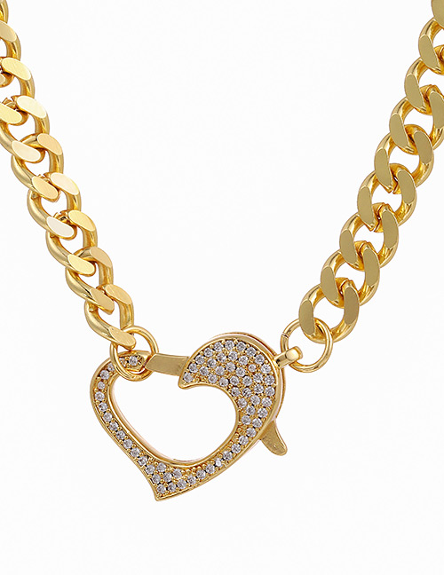 Fashion Golden Copper Inlaid Zircon Heart Thick Chain Necklace