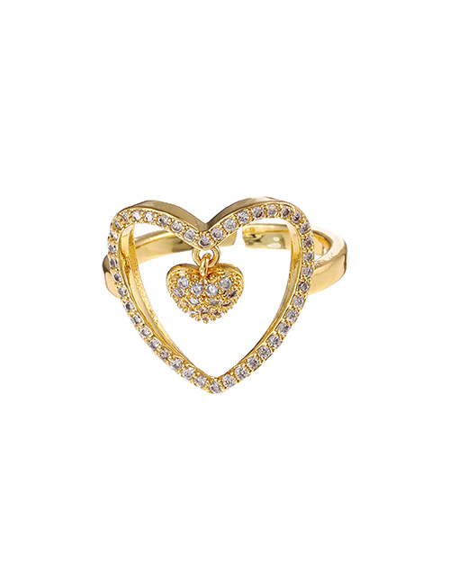 Fashion Golden Copper Inlaid Zircon Hollow Heart Ring