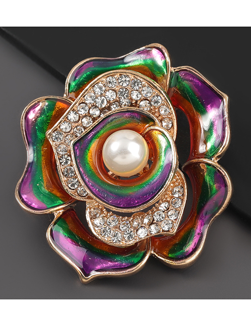 Fashion Flowers Alloy Oil Drop Diamond Pearl Flower Brooch