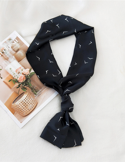Fashion Seagull Black Satin Printed Geometric Long Narrow Silk Scarf