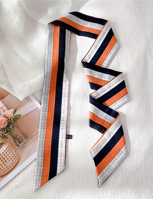 Fashion Striped Orange Black And White Printed Geometric Shape Narrow Long Ribbon Small Silk Scarf