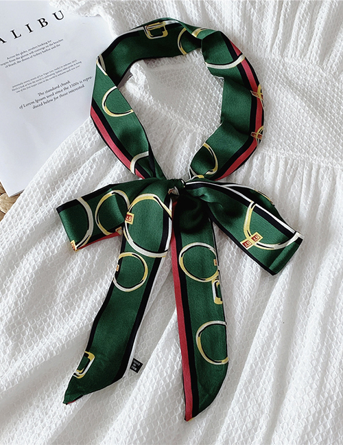Fashion Circle Striped Green (satin) Printed Narrow Strip Silk Scarf Tied Bag Streamer