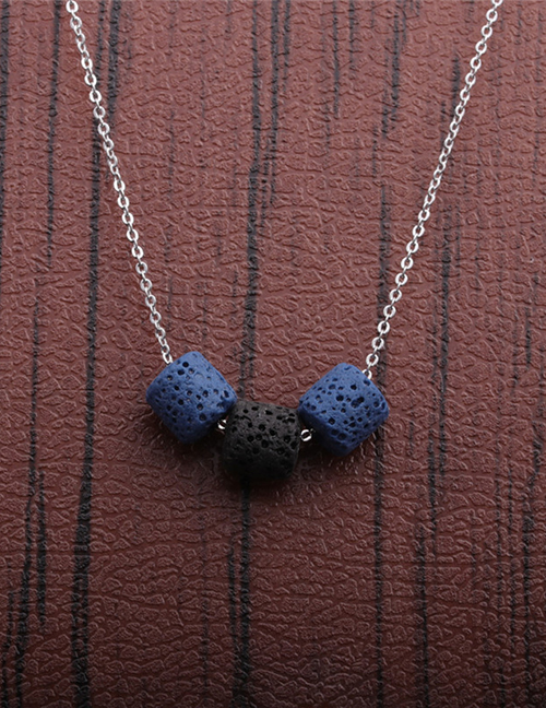 Fashion Blue Black Volcanic Stone Beaded Contrasting Color Thin Chain Necklace