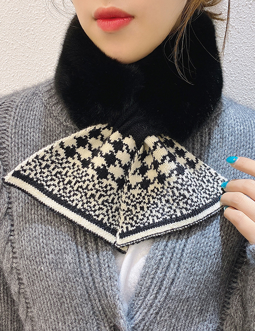 Fashion Houndstooth Black Rice Knitted Plush Stitching Cross Wool Scarf