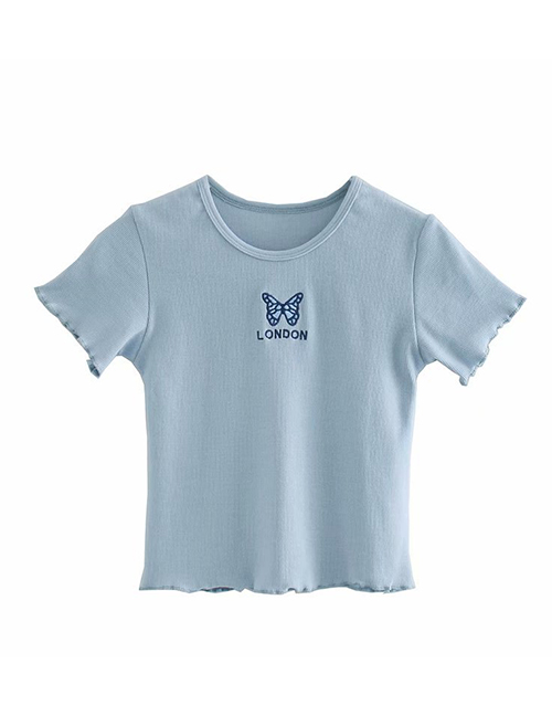 Fashion Blue Butterfly Embroidery Short Sleeve Pullover T-shirt