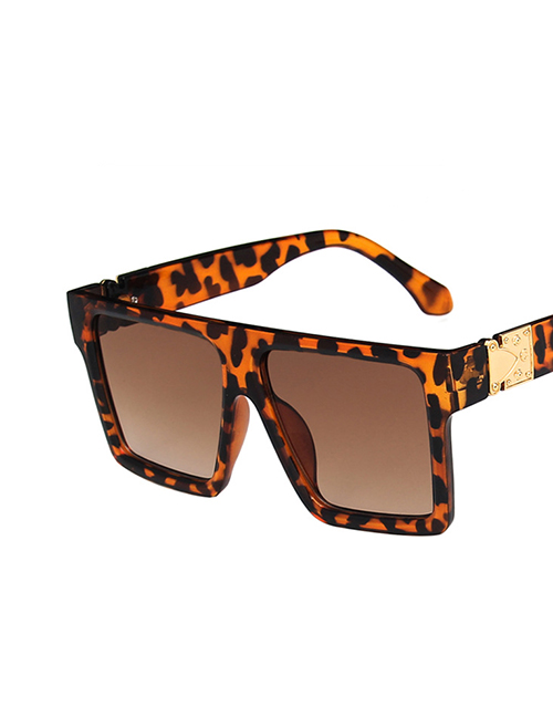 Fashion Leopard Double Tea Large Square Frame Resin Sunglasses