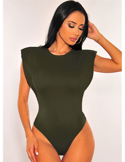 Fashion Army Green Round Neck Tight Sleeveless Solid Color Bodysuit