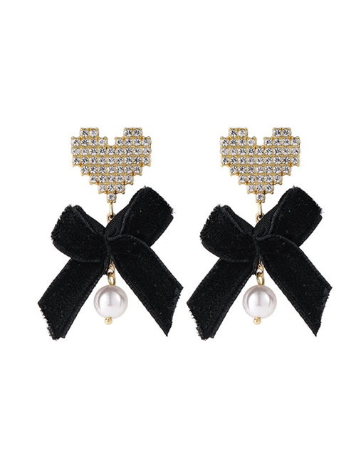 Fashion Black Velvet Bow Diamond Heart Alloy Earrings