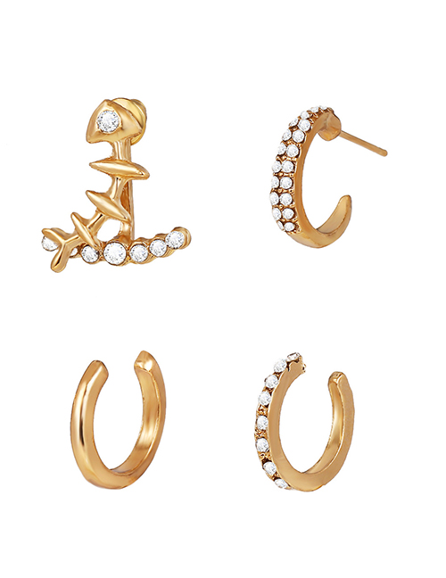 Fashion Golden Diamond-studded Fish Bone Geometry Alloy Ear Clip Set