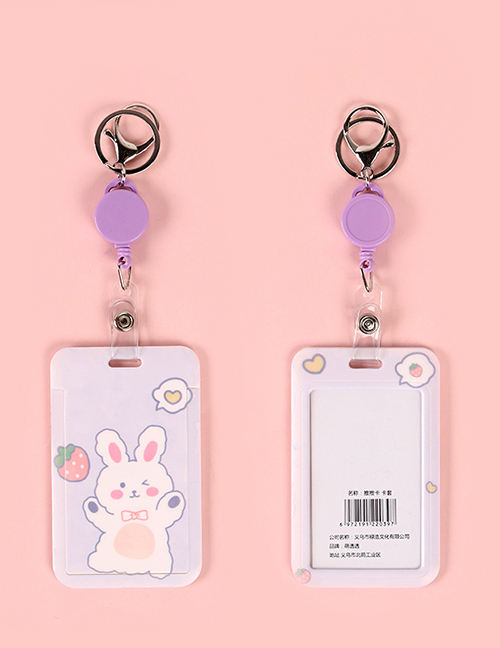Fashion Strawberry White Rabbit On Lilac Flower Print Keychain Retractable Card Holder