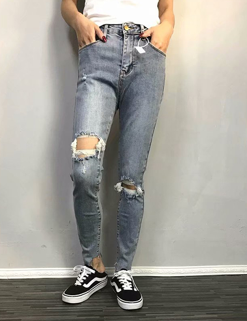 Fashion Blue Elastic Ripped Jeans With Irregular Feet
