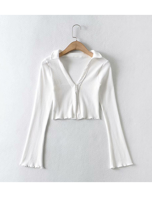 Fashion White Solid Color Long-sleeved T-shirt With Wood Ears