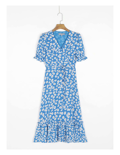Fashion Blue Small Chrysanthemum Print V-neck Short-sleeved Lace-up Dress
