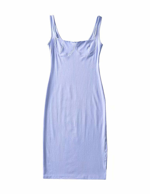 Fashion Blue Solid Color Square Neck Vest Tube Top Strap Dress