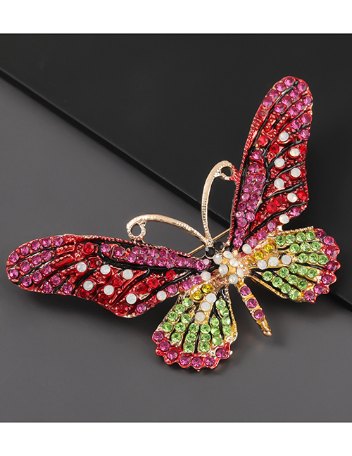 Fashion Rose Red Alloy-studded Butterfly Brooch