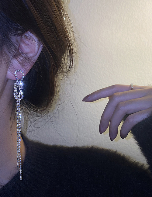 Fashion Silver Needle-gold Geometric Diamond Tassel Long Earrings