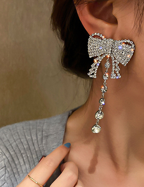 Fashion Silver Needle-silver Diamond Bowknot Tassel Long Earrings