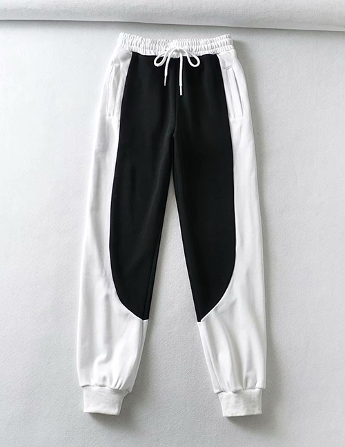 Fashion Black And White Elastic Waist Color Block Sports Trousers