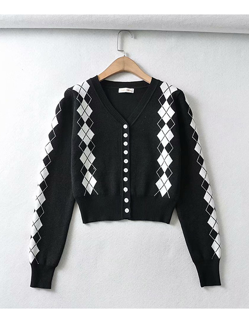 Fashion Black Geometric Print Stitching V-neck Single-breasted Sweater