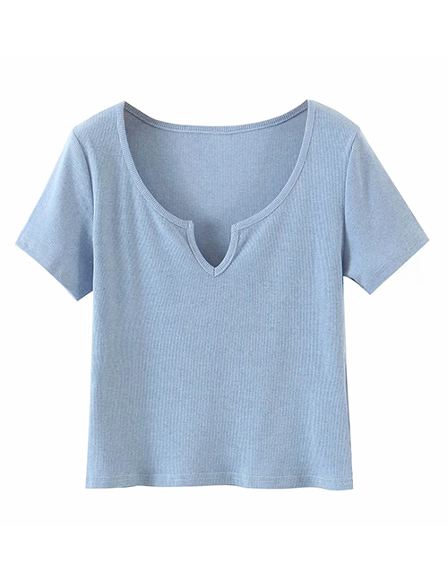 Fashion Blue V-neck Knitted Short Sleeve Top