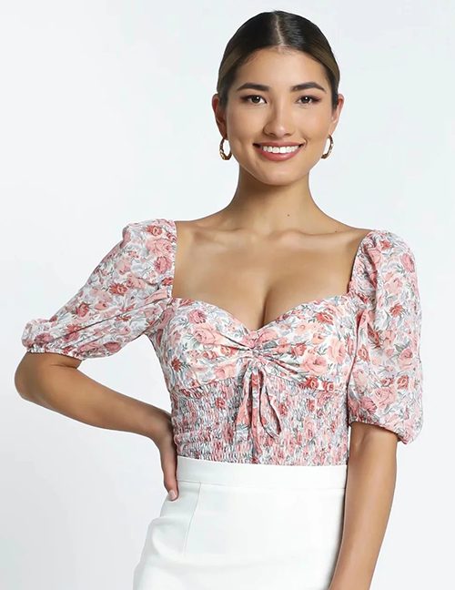 Fashion Pink Floral Print Pleated Low-neck Short-sleeved Top