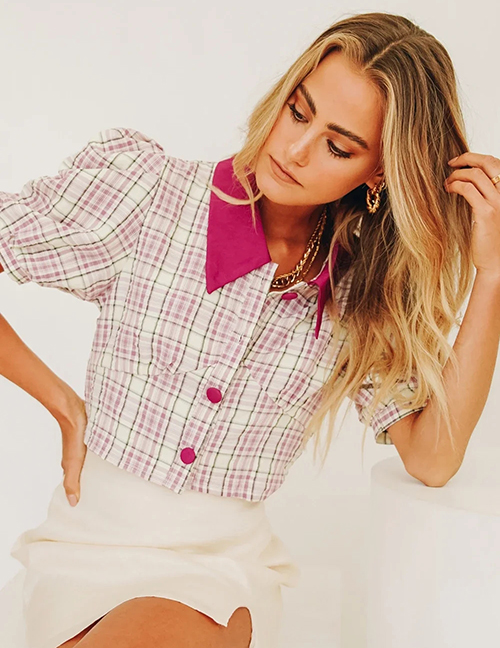 Fashion Pink Plaid Plaid Buttoned Short Sleeve Shirt Top