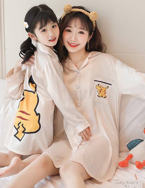 Fashion Child Pickup Ice Silk Printed Shirt-style Parent-child Nightdress Home Wear