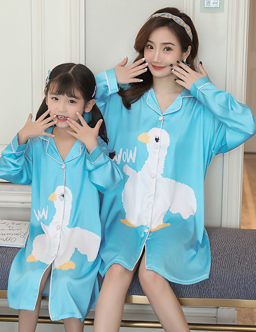 Fashion Mother White Swan Ice Silk Printed Shirt-style Parent-child Nightdress Home Wear