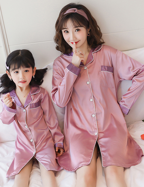 Fashion Mom Hits The Color Chestnut Purple Ice Silk Printed Shirt-style Parent-child Nightdress Home Wear
