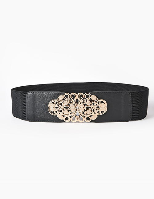Fashion Black-gold Buckle Wide Elastic Belt With Pattern Decoration