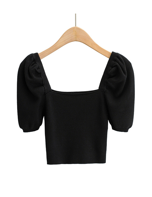 Fashion Black Puff Sleeve Square Neck Knitted T-shirt Top
