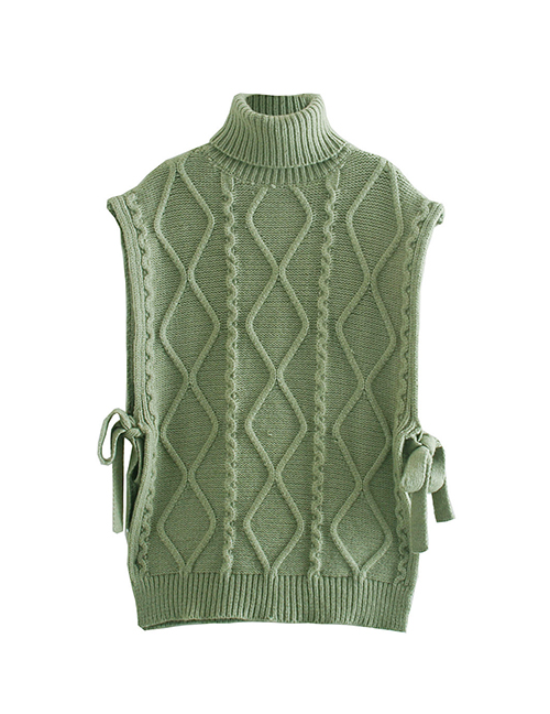 Fashion Green Solid Color Eight-strand Thick Stitch High Neck Waistcoat Sweater