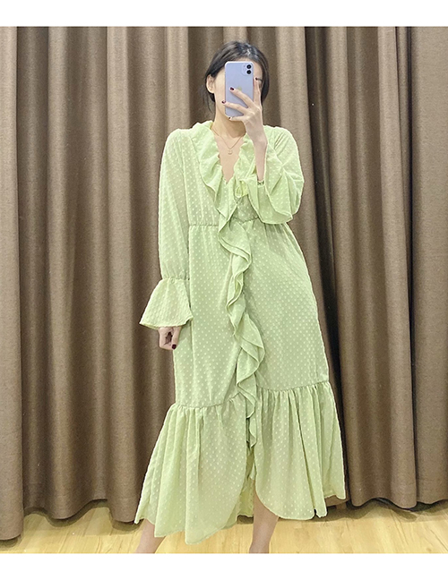 Fashion Green Ruffled Chiffon Printed V-neck Dress