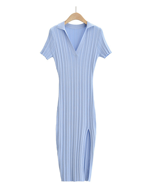 Fashion Blue Solid Color Pit Strip Knit Short Sleeve Side Slit Dress