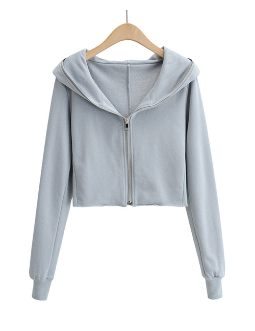 Fashion Blue Solid Color Zipper Hooded Long Sleeve Sweater