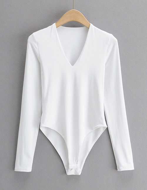 Fashion White Deep V Double-layer Long-sleeved Slim Bottoming Bodysuit