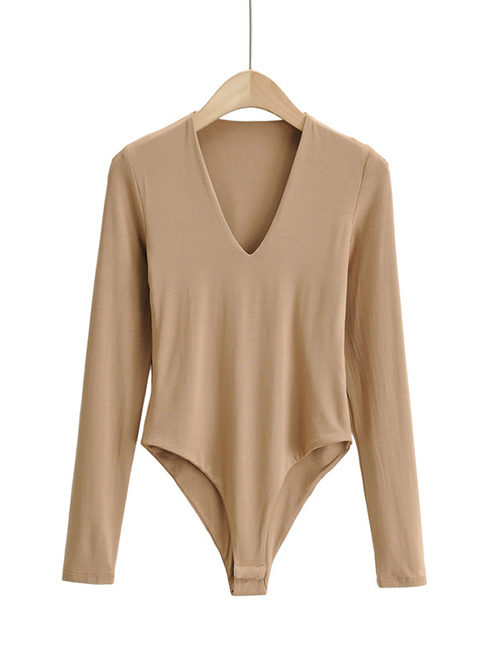 Fashion Khaki Deep V Double-layer Long-sleeved Slim Bottoming Bodysuit