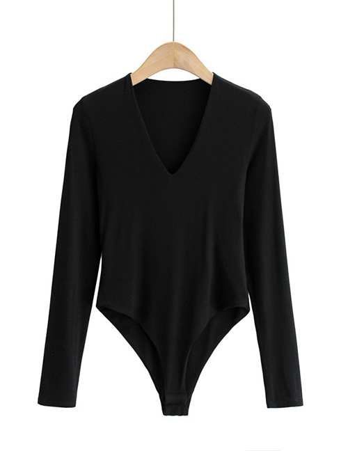 Fashion Black Deep V Double-layer Long-sleeved Slim Bottoming Bodysuit