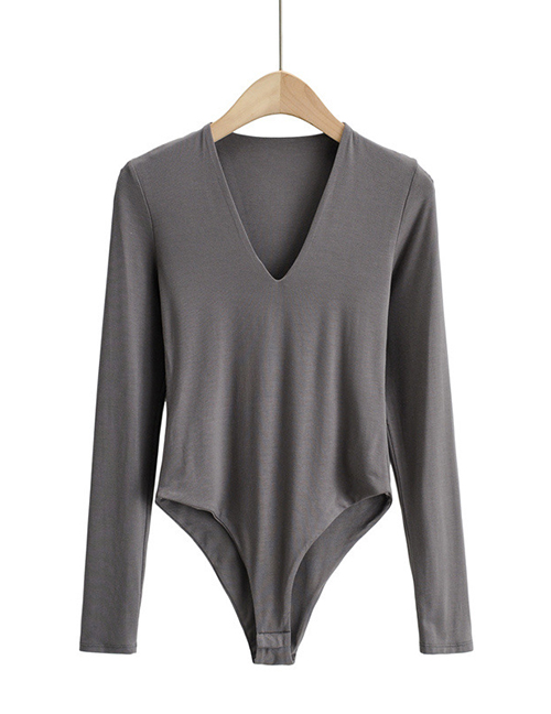 Fashion Ash Deep V Double Layer Long-sleeved Slim Bottoming Bodysuit