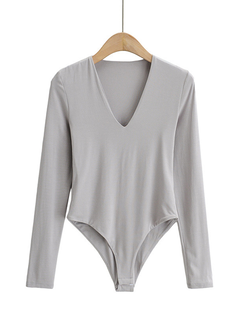 Fashion Light Gray Deep V Double-layer Long-sleeved Slim Bottoming Bodysuit