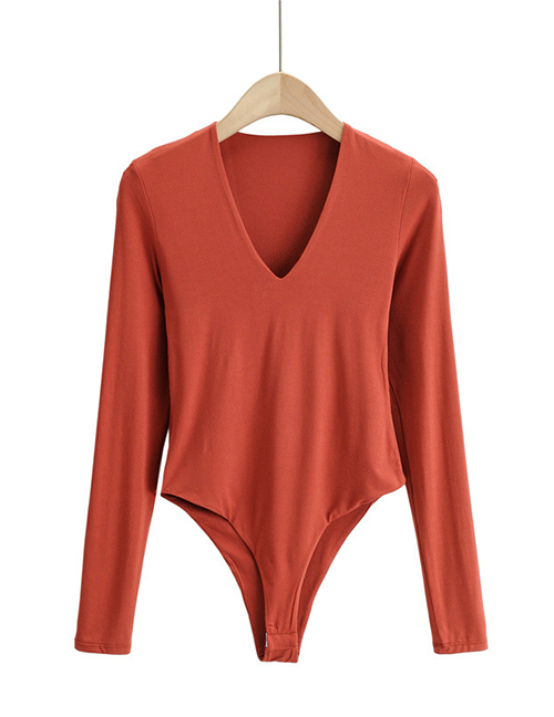 Fashion Brick Red Deep V Double Layer Long-sleeved Slim Bottoming Bodysuit